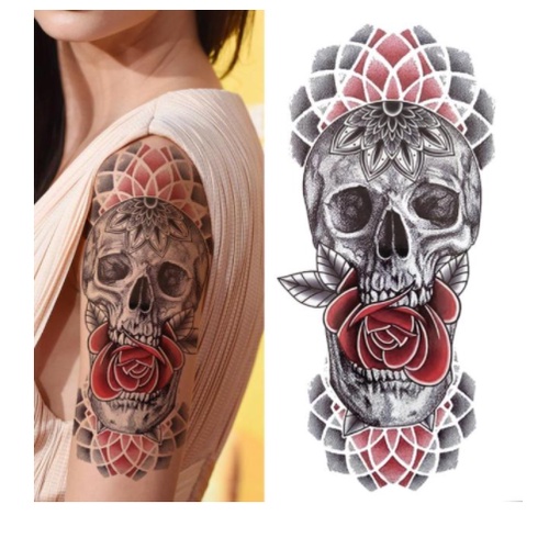 Tatuagem Temporária Caveira Rosas Pontilhismo 21x11 5cm Melhor