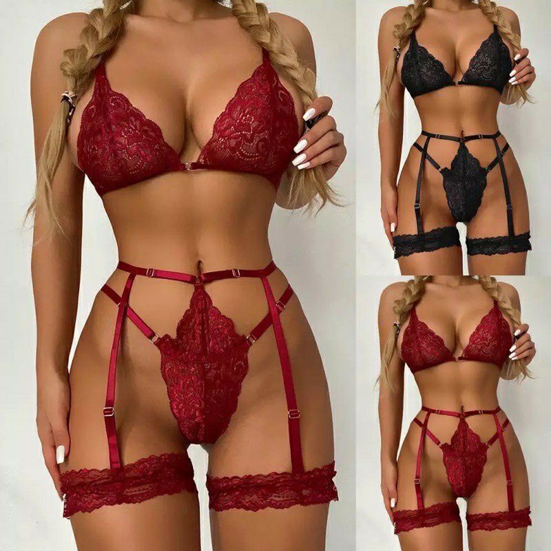 Conjunto Luxo Lingerie Gringa Trio Sexy Calcinha E Suti Cinta Liga