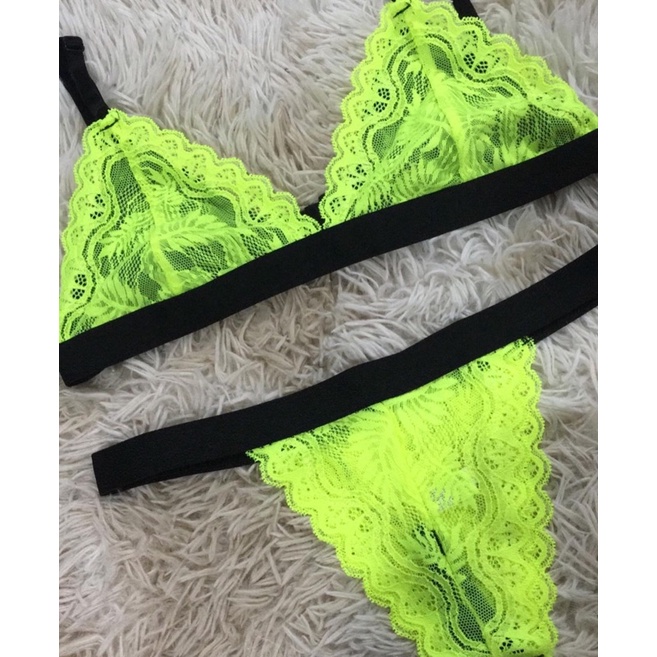 Conjunto Lingerie Rendado Verde Neon Shopee Brasil