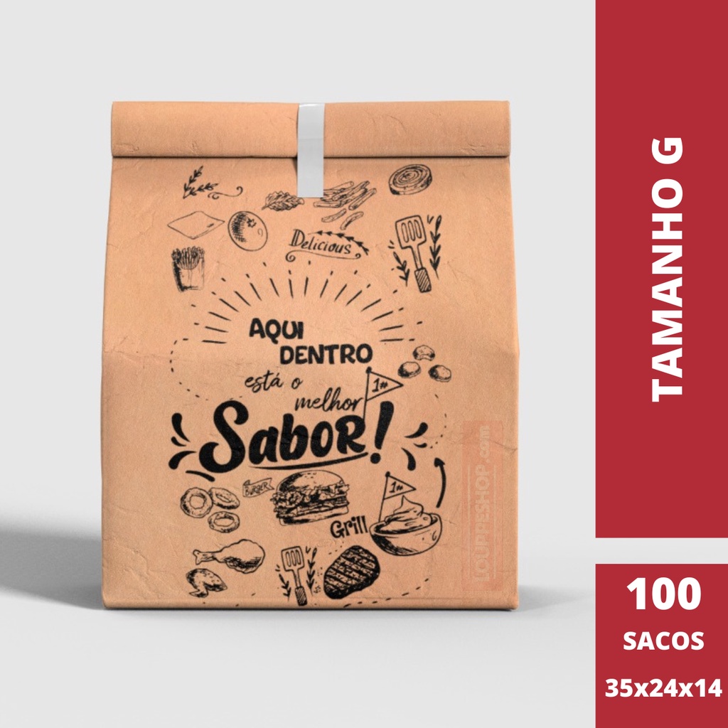 Saco Para Delivery Kraft SOS Grande 31x24x14 C 100 Unidades Embalagem