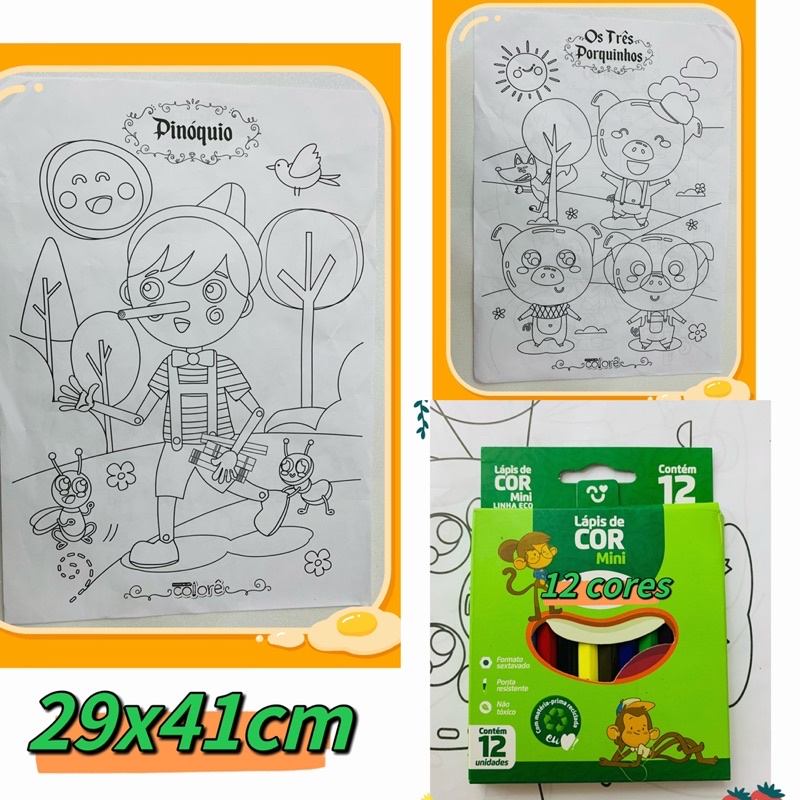 Kit desenhos para colorir infantil lápis de cor folha 29x41cm