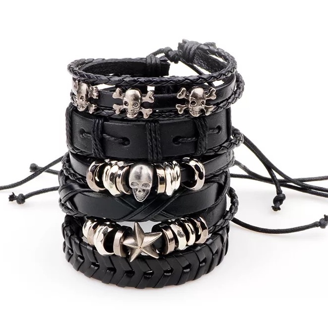 Pulseira Punk Rock Caveira Couro Preto Estrela Ajust Vel P Shopee