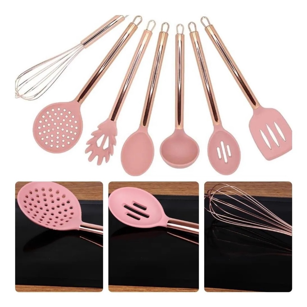 Utensílios silicone Rosa Cabo Aço Inox Rose Gold Escumadeira Espátula