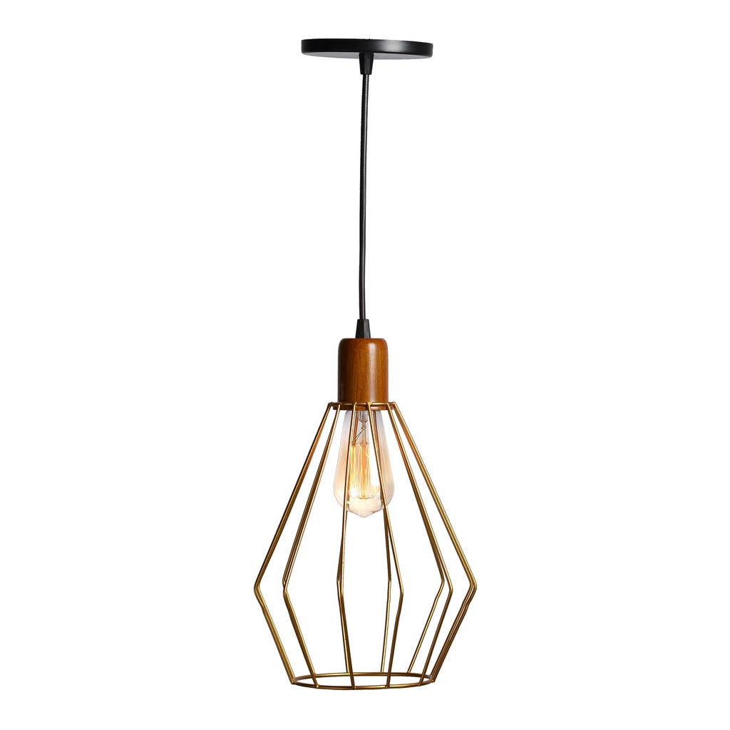 Pendente Aramado Madeira Poptem Cone Dourado Luminária Lustre Sala