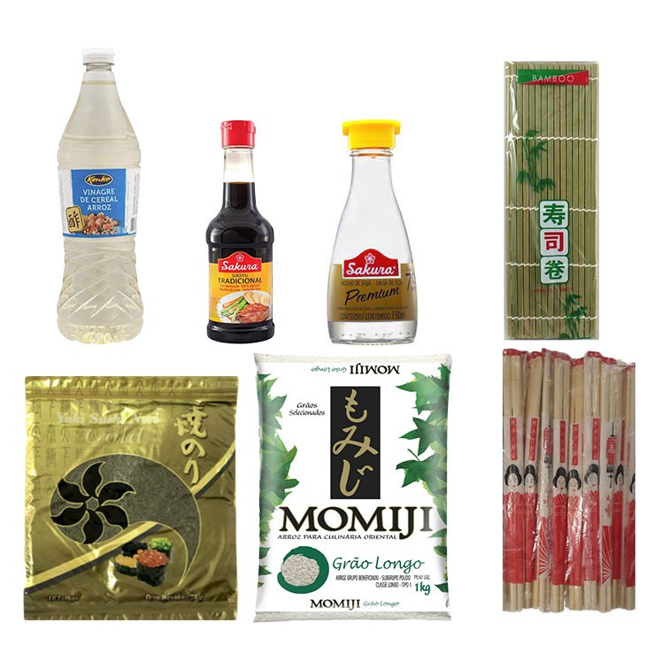 Kit 7 Sushi Arroz Momiji Vinagre Shoyu Molheira Nori Esteira