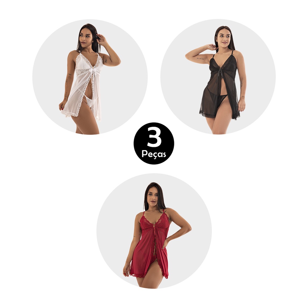 Kit 3 Camisola IMI Lingerie Aberta Fenda Tule Renda Calcinha Fio Dental