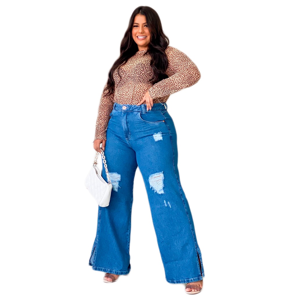 Calça Jeans Plus Size Wide Leg Rasgada Barra Feita Pantalona Shopee