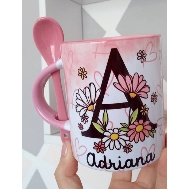 Caneca Porcelana Colher Personalizada Nome Alfabeto Floral