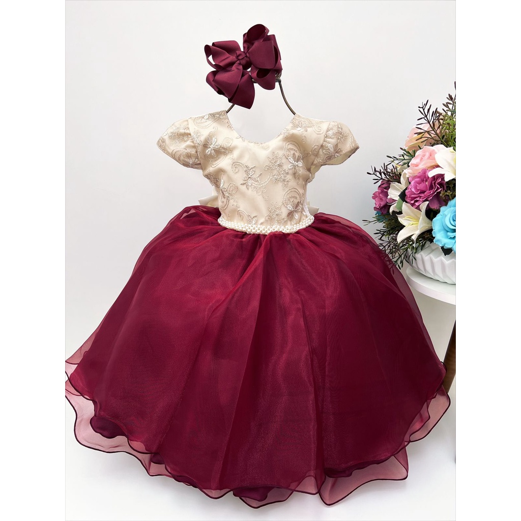 Vestido Infantil De Festa Marfim E Marsala Renda De Luxo Festas