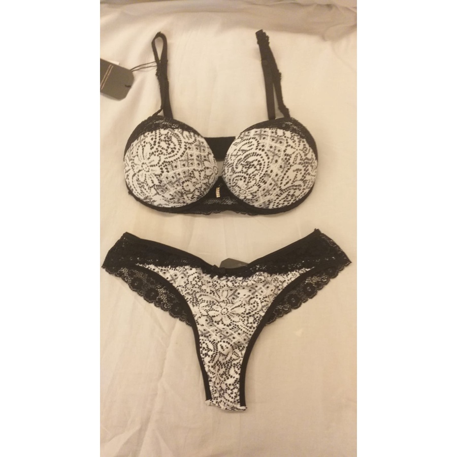 Conjunto Lingerie Em Renda Europeia Branco E Preto Lageli Shopee Brasil