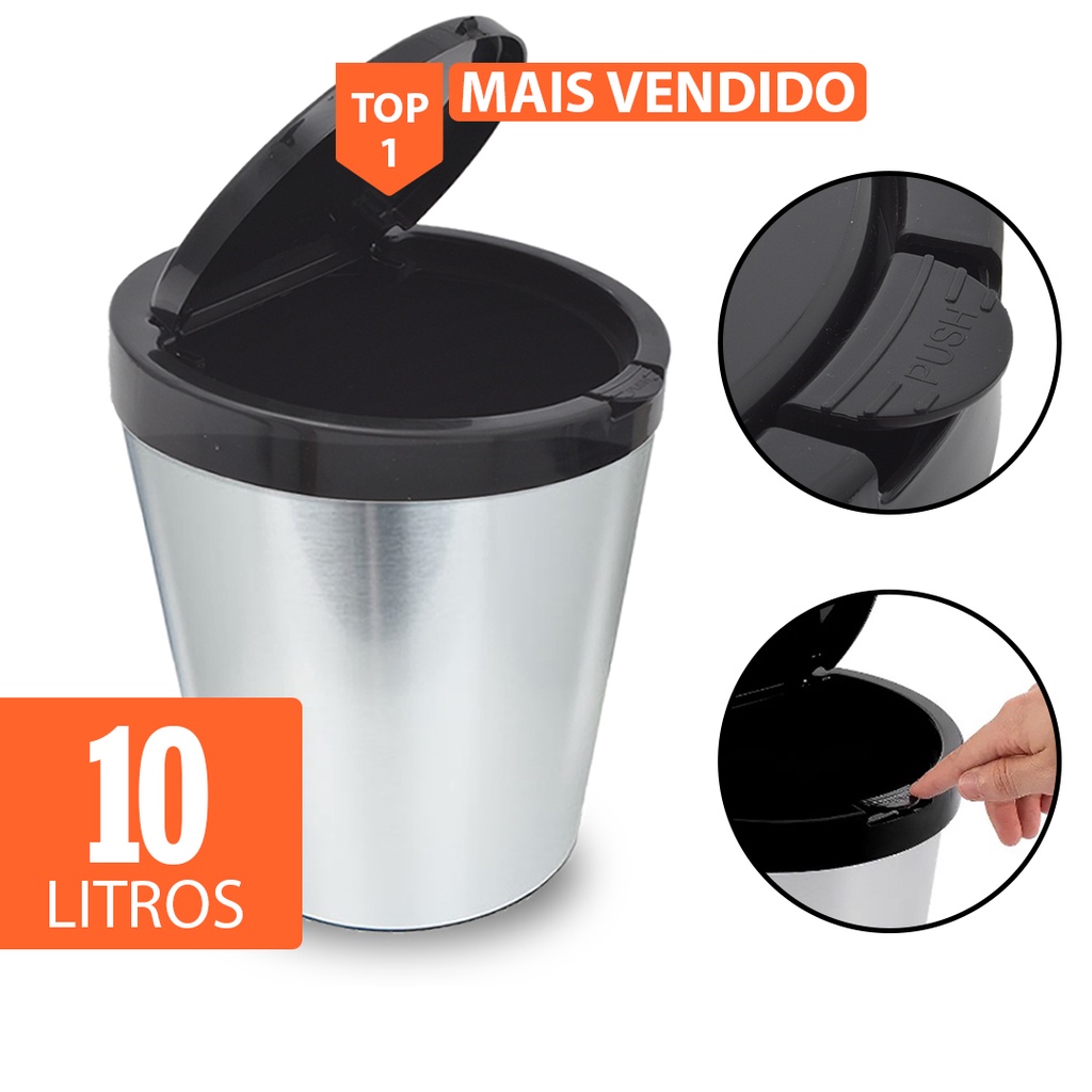 Lixeira 10 Litros Cesto Redonda Click Label Inox Shopee Brasil