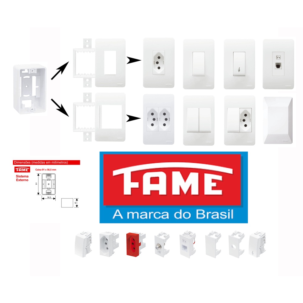 Tomadas Interruptores Sistema Externo Modular Fame 10A Placas E Caixa