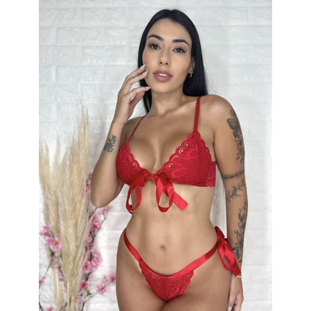 Conjunto Lingerie Feminino Sexy Sem Bojo Em Renda Fitas De Cetim