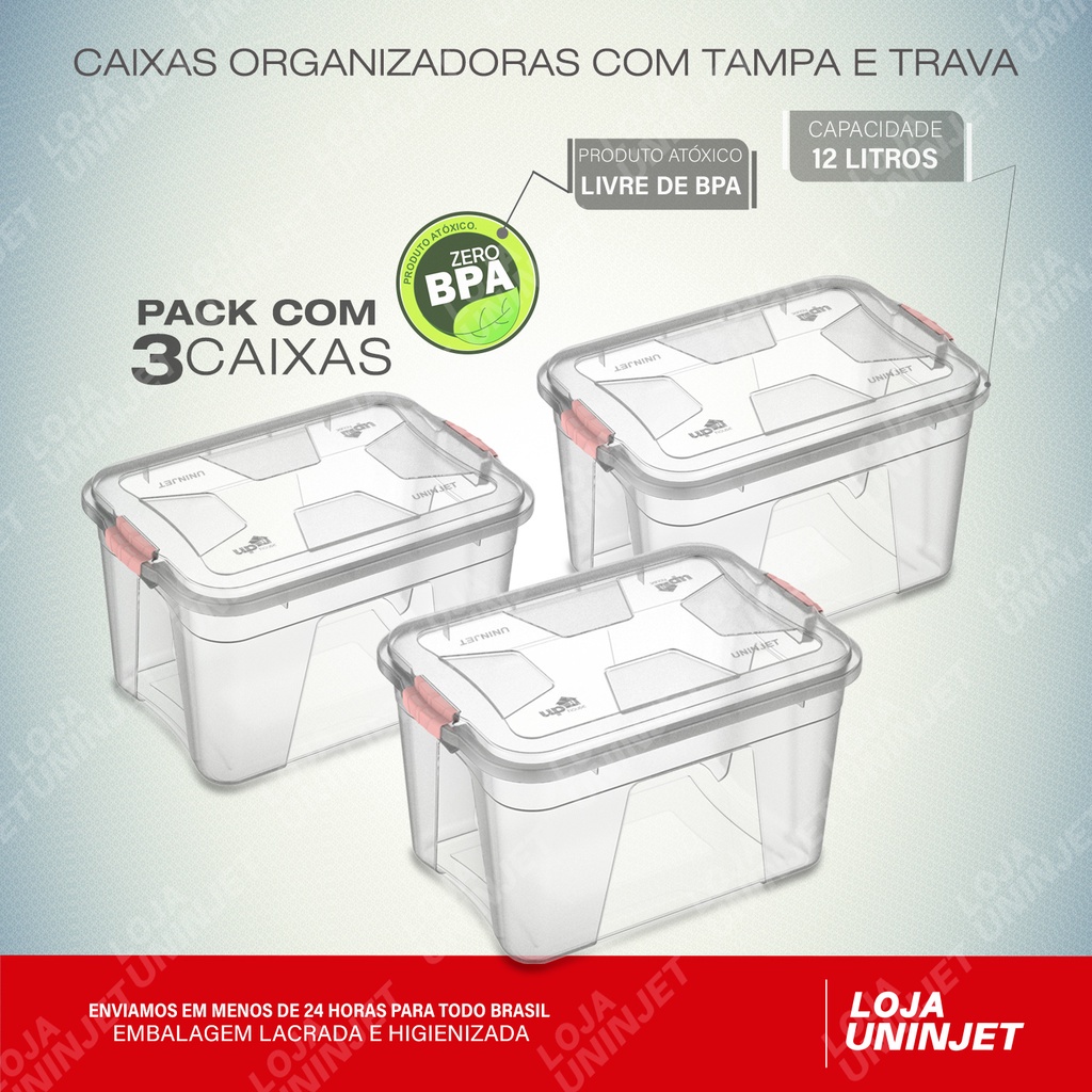 Kit 3 Caixa Organizadora Transparente Tampa E Trava 12 Litros