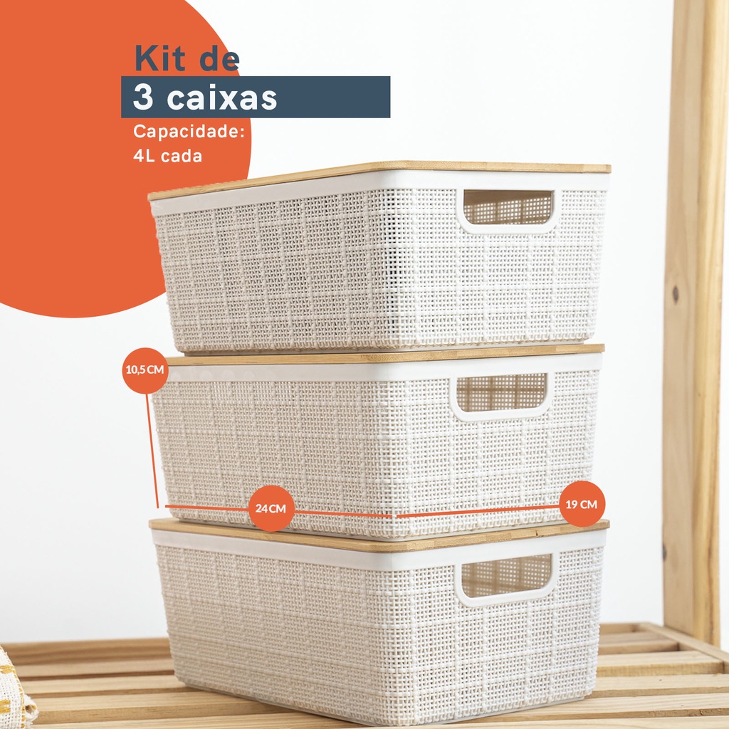 Kit 3 Caixas Organizadoras Tampa De Bambu Multiuso 4L Brancas