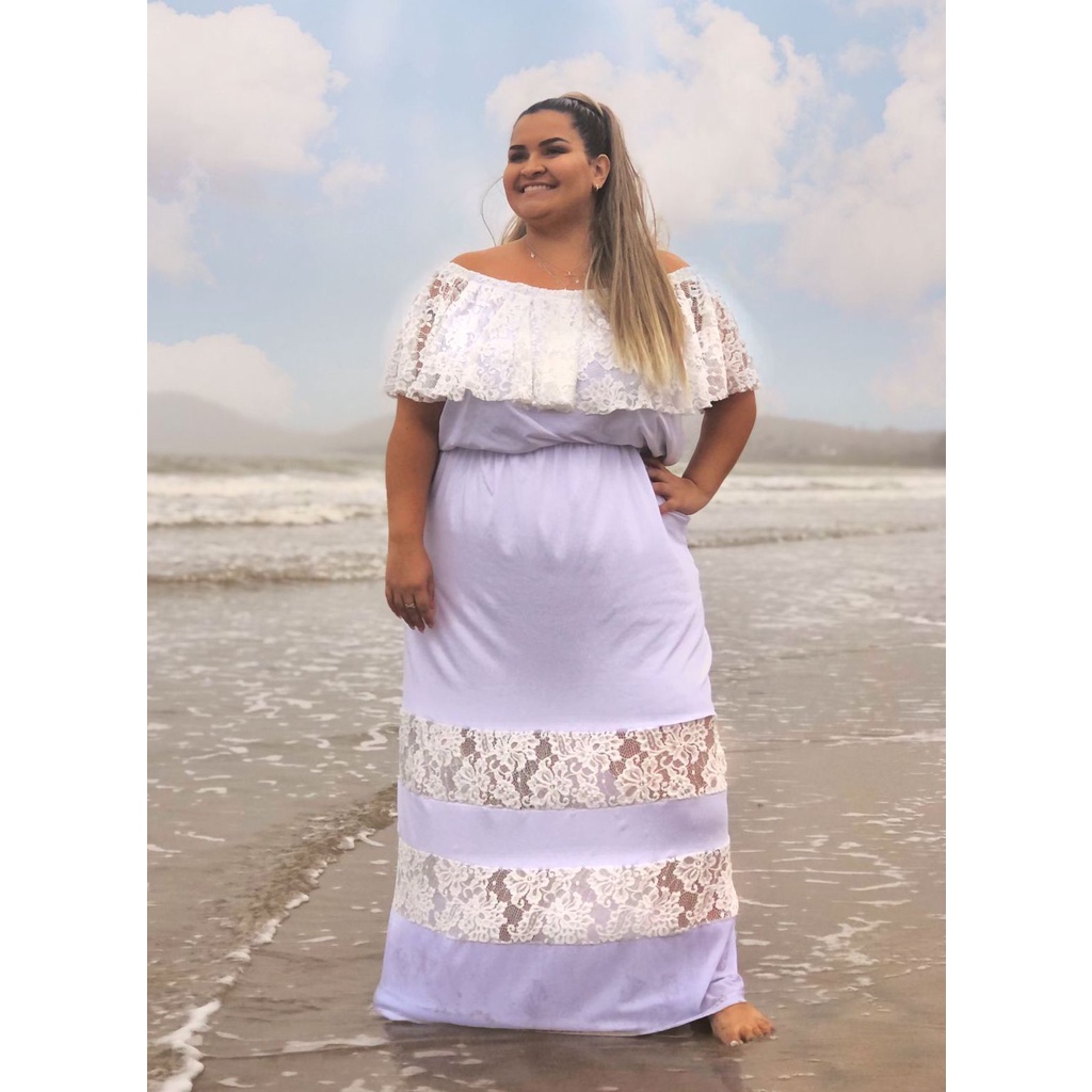 Vestido Longo Branco Cigana Plus Size Babado Em Renda Do G Ao G