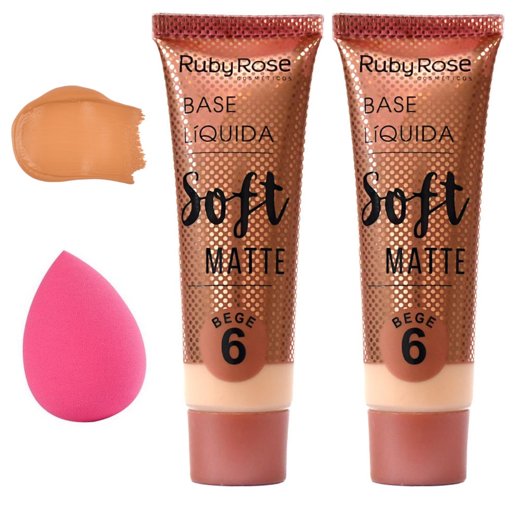 Kit Base Ruby Rose Soft Matte e Esponja Para Maquiagem Base Líquida