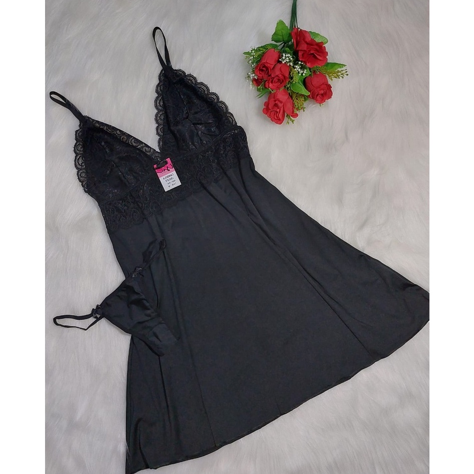 Camisola Preta Isa Lingerie Sem Bojo Calcinha Fio Dental Lingerie