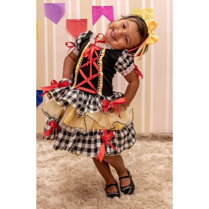 Vestidos Junino Festa Junina Infantil Quadriculado Preto Shopee Brasil