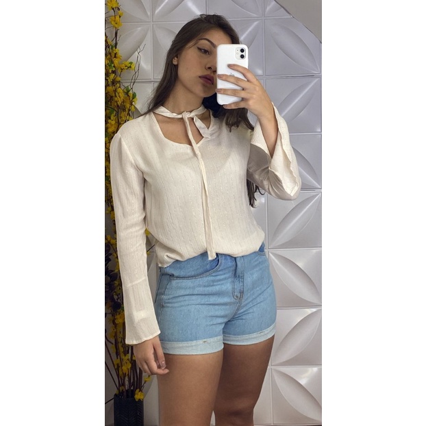 Blusa Feminino Manga Flare Amarra Na Gola Primavera E Outono