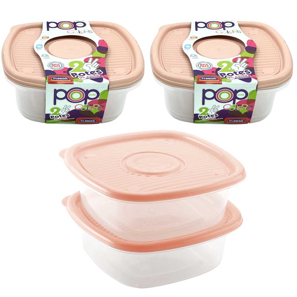 Kit 4 potes de 2 Litros plástico Rosa Salmão para comida alimentos