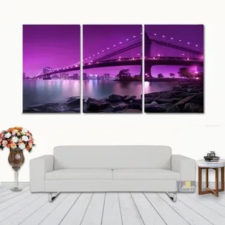 Conjunto De Quadros Decorativo Cidade Ponte Noturna Roxa 120x60 Para