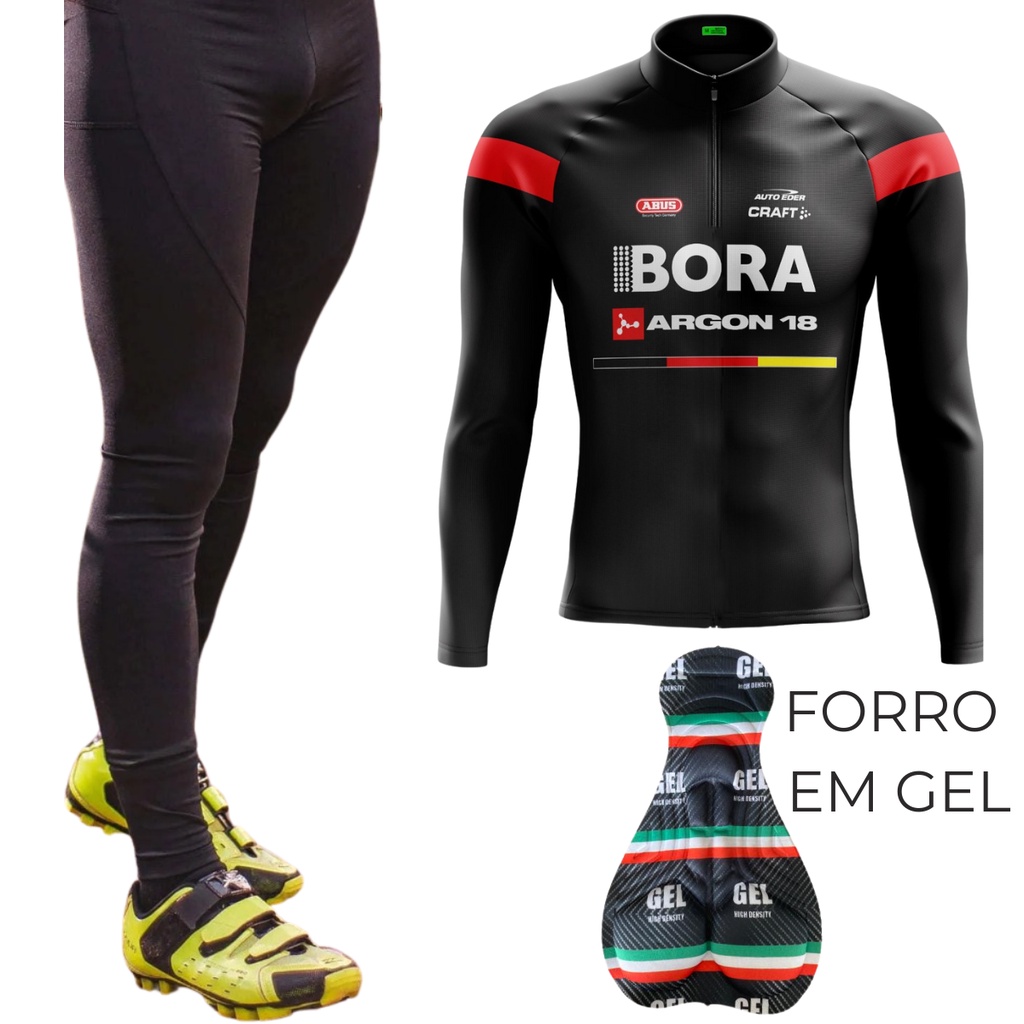 Conjunto Ciclismo Masculino Kit Camisa Bora Preta Calça de Gel