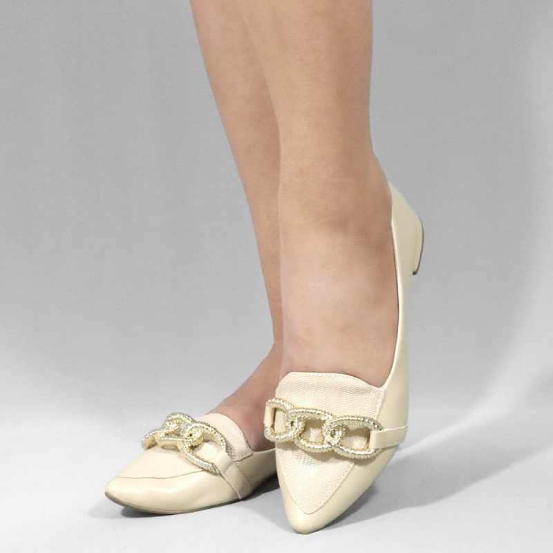 Sapatilha Corrente Dourada Bico Fino Loafer Feminina Nude Shopee Brasil