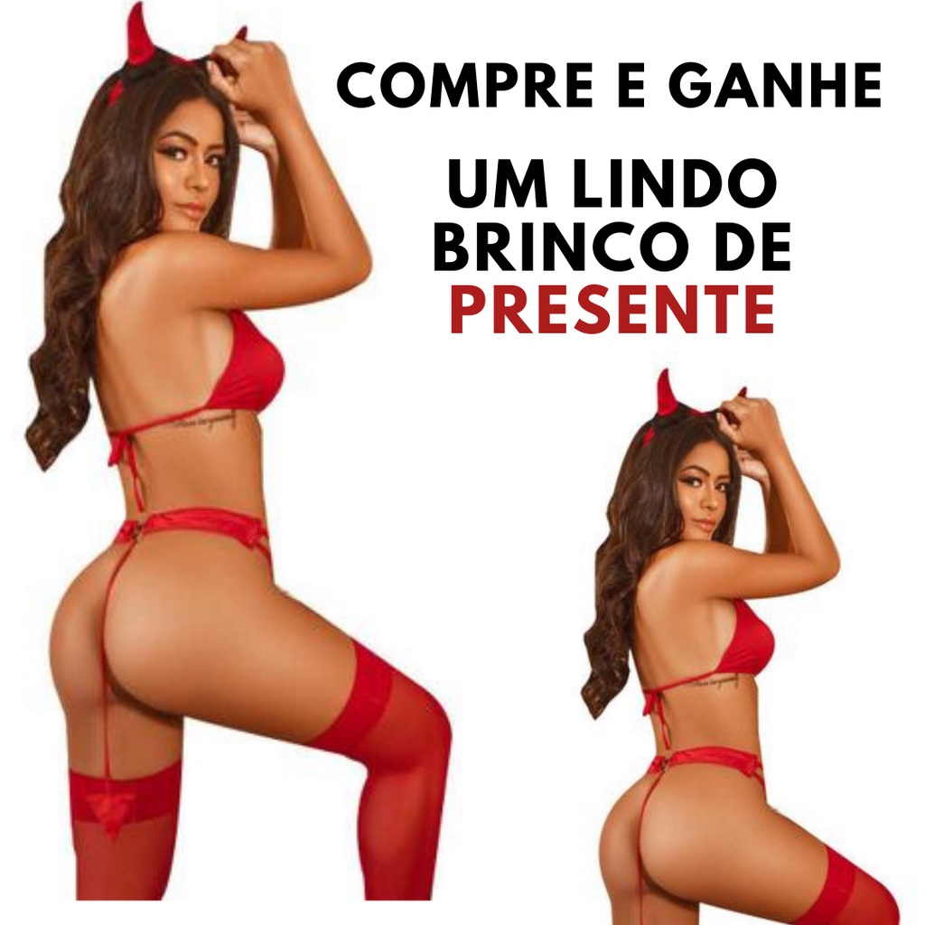 Fantasia Sexy Diabinha Completa Meia Lingerie Sensual Roupa Sensual