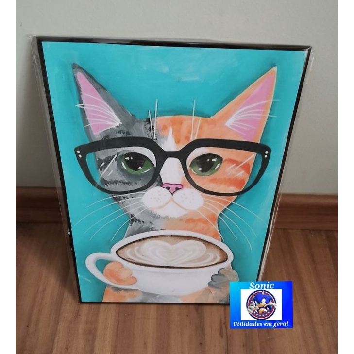 Quadro Gato Intelectual Quadros Decorativos Gato Tomando Caf