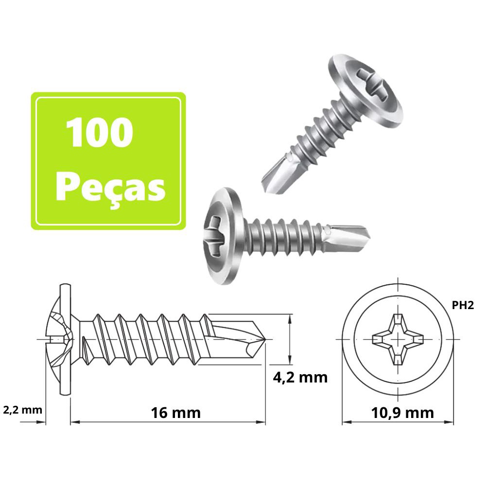 Parafuso Auto Brocante Flangeado Philips 4 2 x 16 Caixa 100 Peças