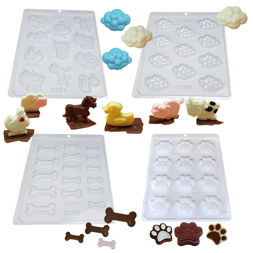 Kit 4 Formas De Acetato Para Chocolate BWB Simples Sem Silicone Animais