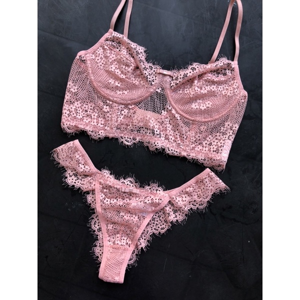 Conjunto De Lingerie Rosa Rendado Calcinha Meio Fio Shopee Brasil