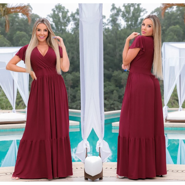 Vestido Longo Manga Curta Babado Tecido Viscolycra Shopee Brasil