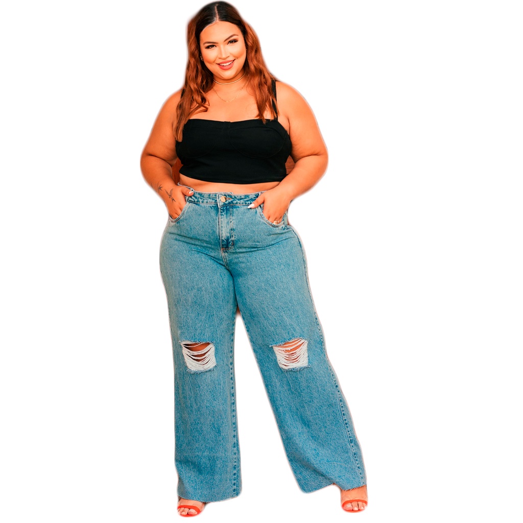 Calça Jeans Wide Leg Plus Size Rasgada no Joelho Barra Desfiada