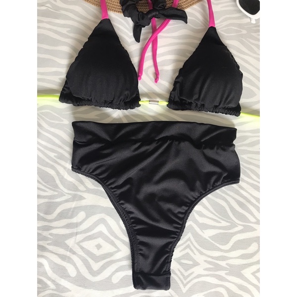 Biquini cortininha bojo removível calcinha hot pant preto