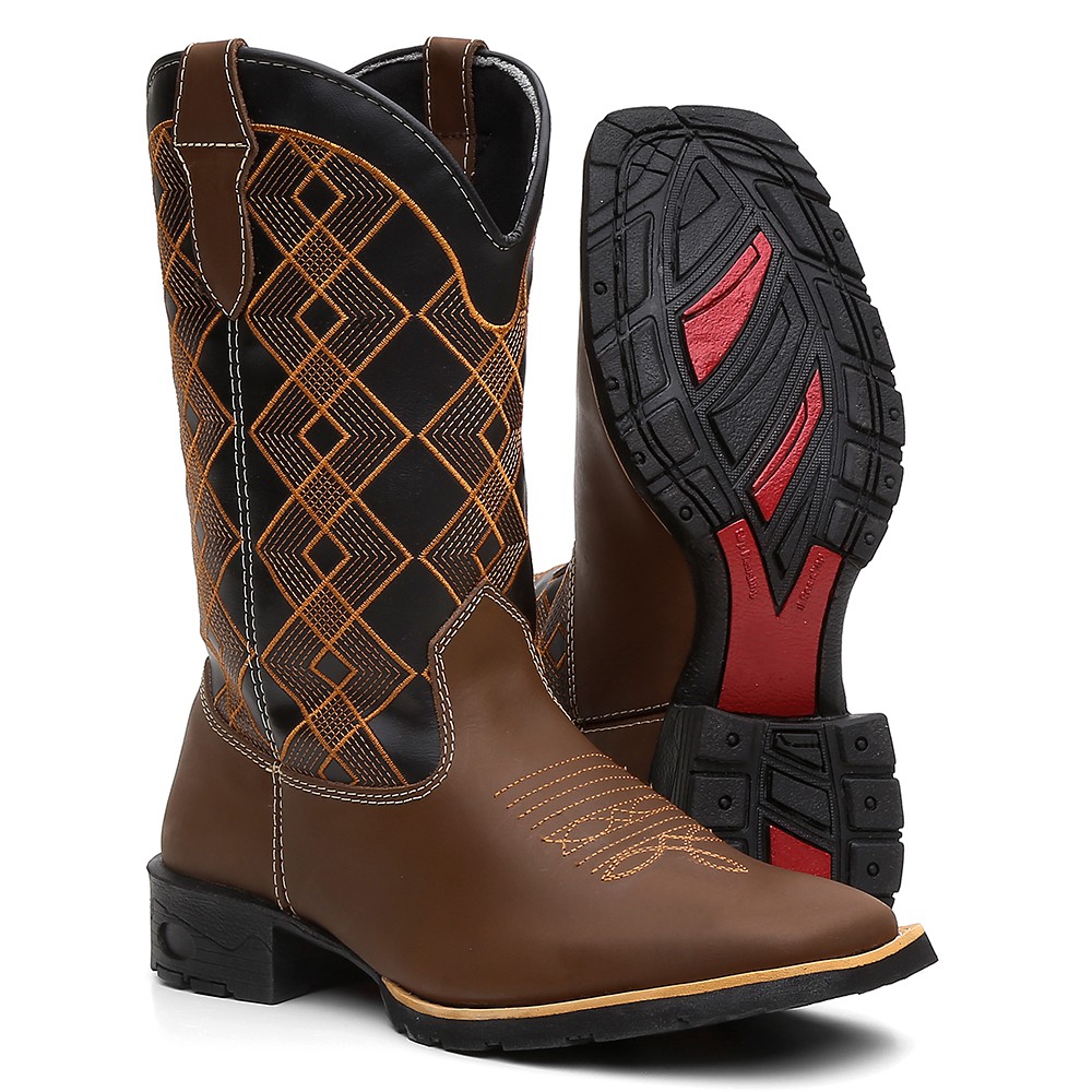 Bota Texana Masculina Em Couro Legitimo Country Quadriculada Shopee