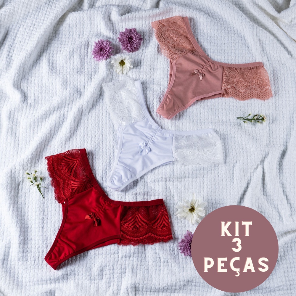 Kit Lingerie 3 Calcinhas Fio Dental Duplo Detalhes De Renda Atacado