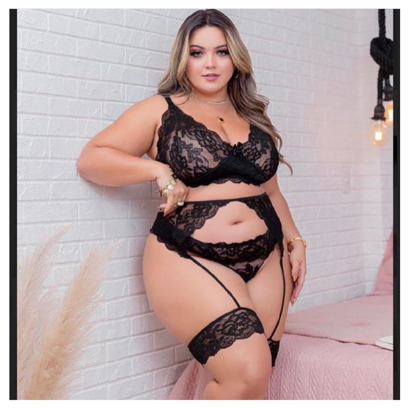 Conjunto Plus Size Lingerie Sexy Em Renda Cinta Liga Shopee Brasil