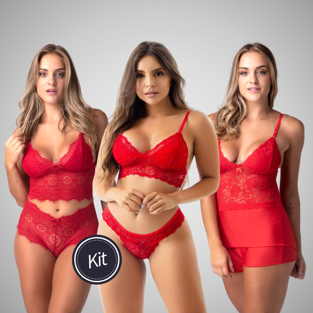 Kit Lingerie Para Presente Natal Conjunto Calcinha Sutiã Renda Sem Bojo