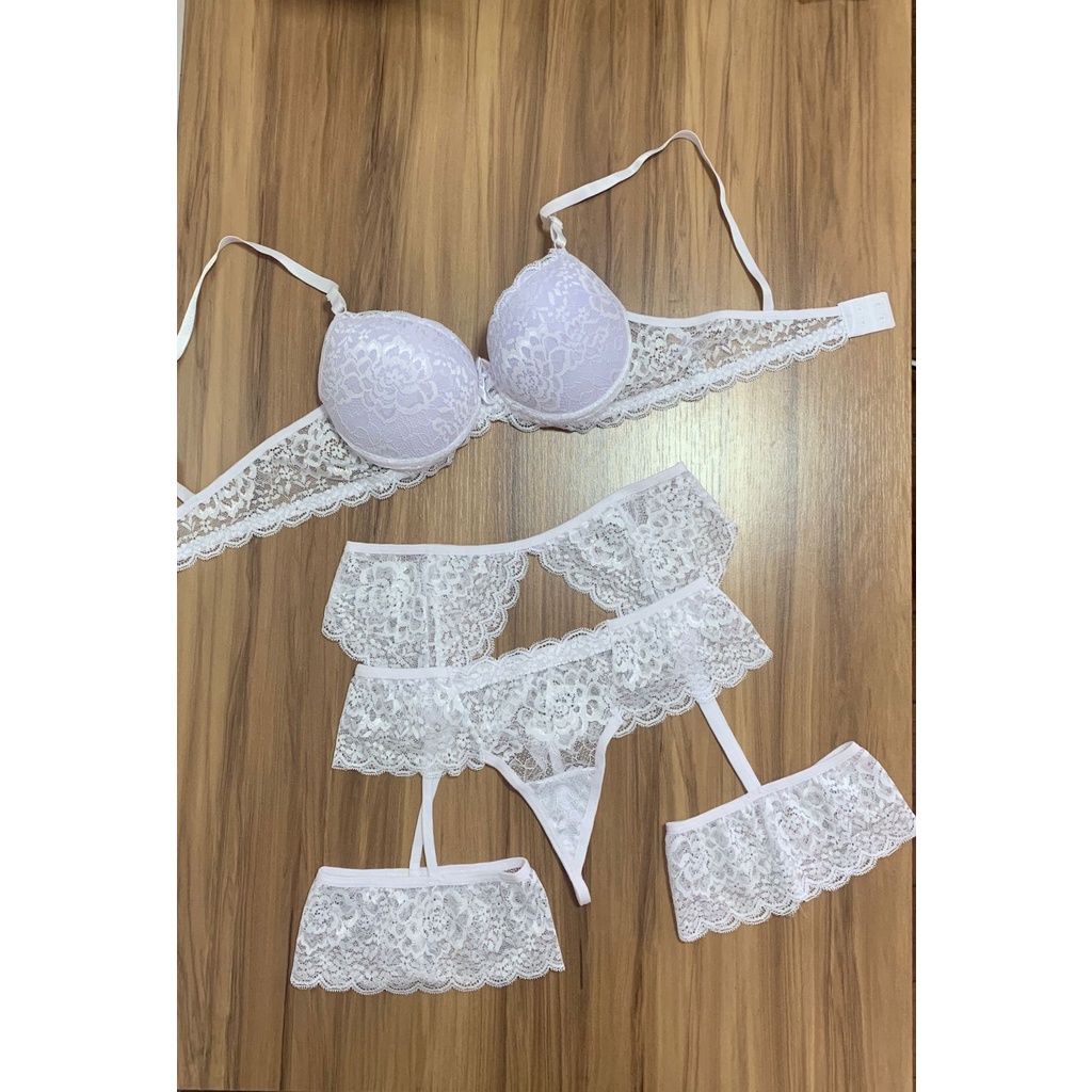 Conjunto Cinta Liga Perneira Lingerie Sexy Bojo E Renda