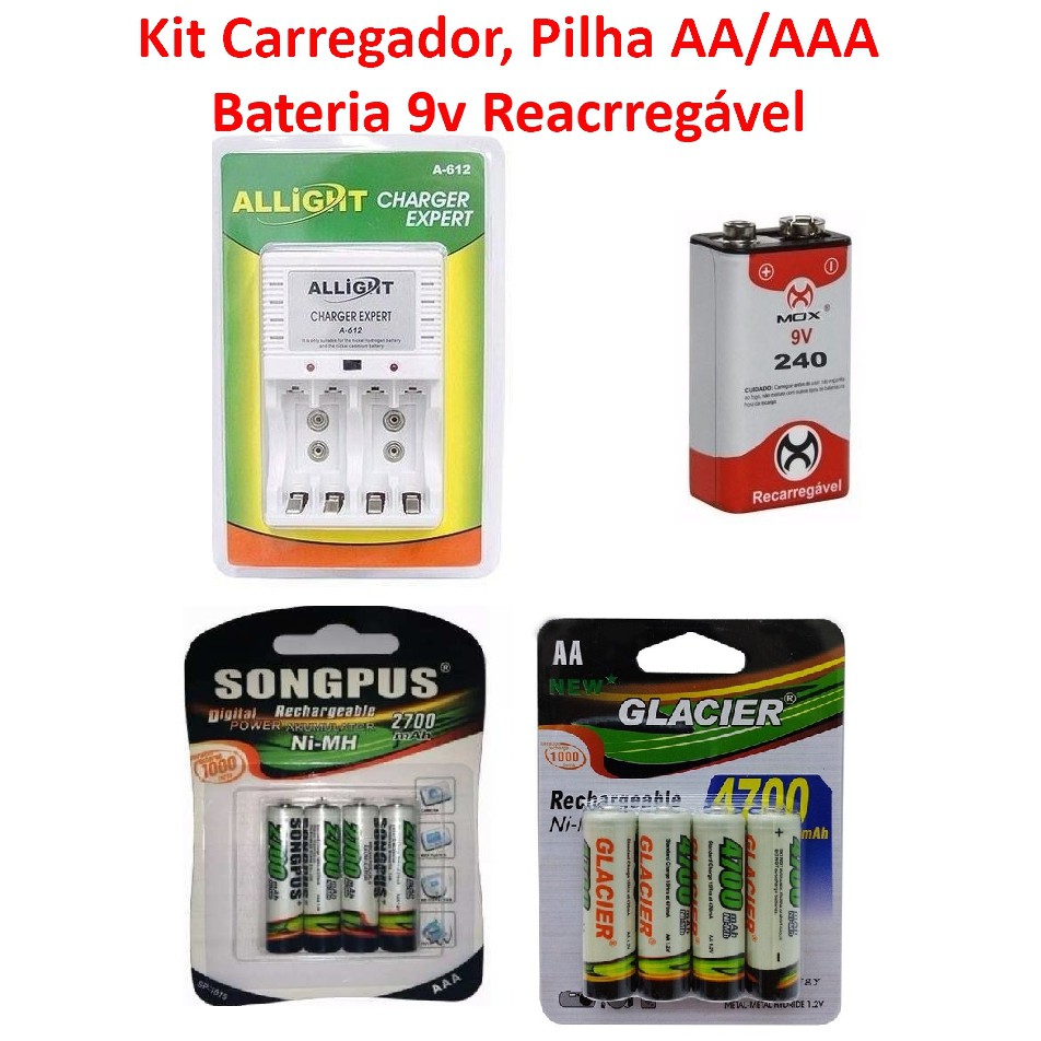 Carregador Bateria 9V Pilha recarregável AA AAA Bateria 9v Recarregável