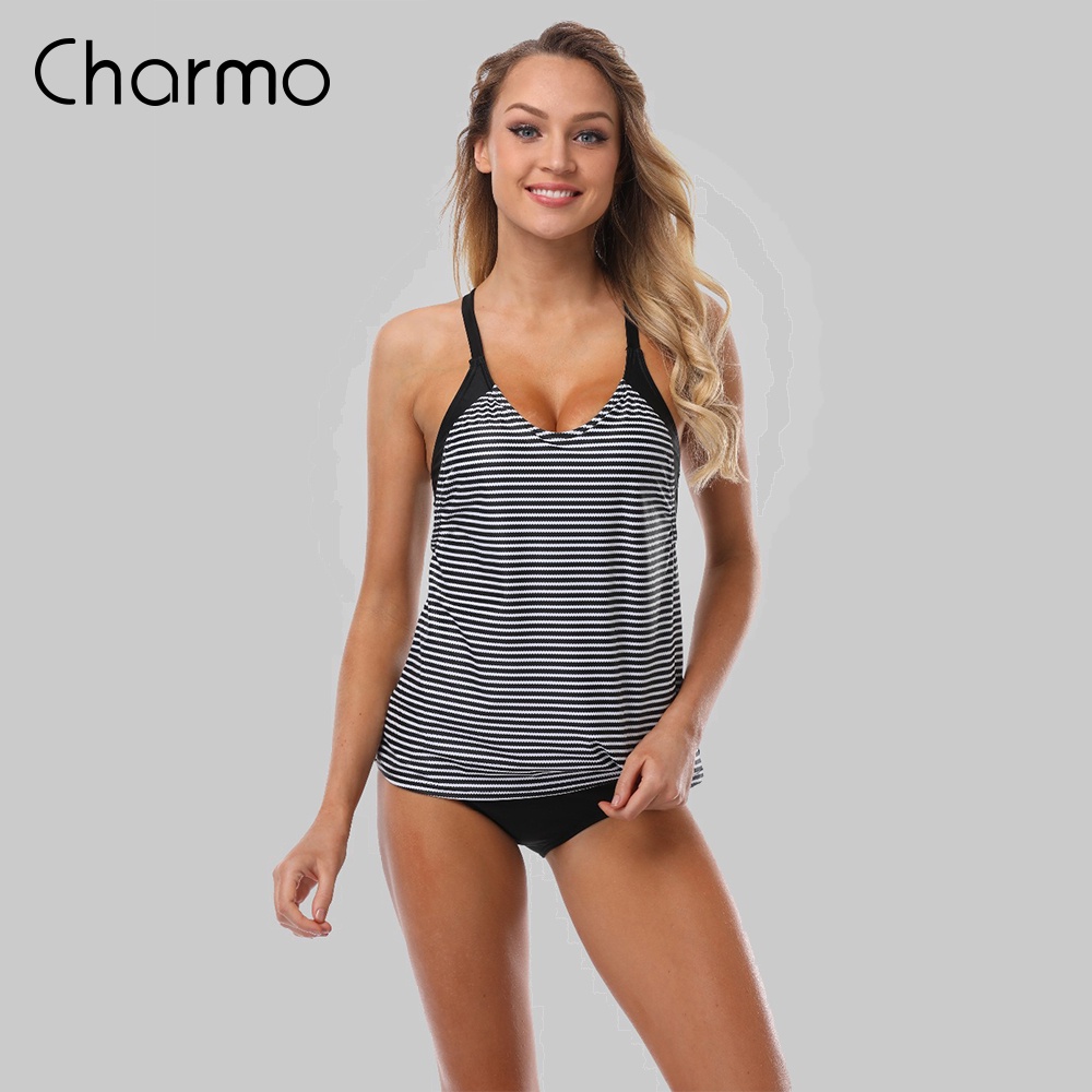 Charmo Mulher Tankini Conjunto Fato De Banho De Listras Praia Bikini