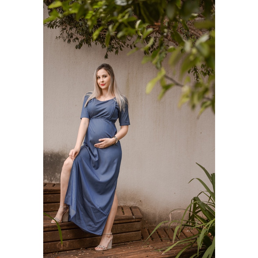 Vestido Longo Jeans Maternidade Gestante E Lactante Shopee Brasil