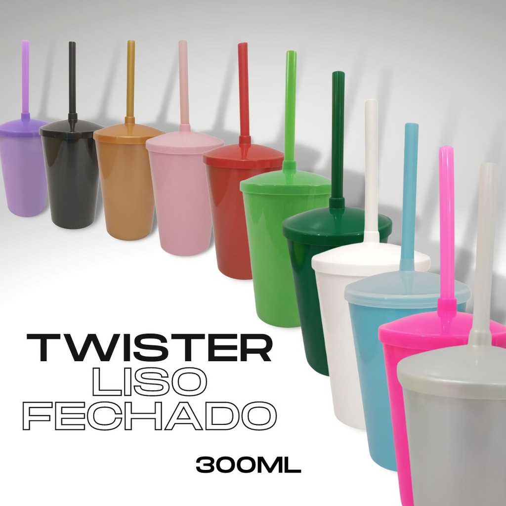 Kit 10 Copos Twister 300ml 38g Liso Fechado C TAMPA E CANUDO