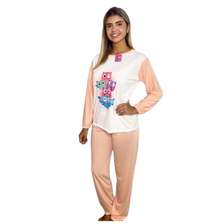 Pijama De Frio Feminino Longo Conjunto De Dormir Adulto Inverno Blusa