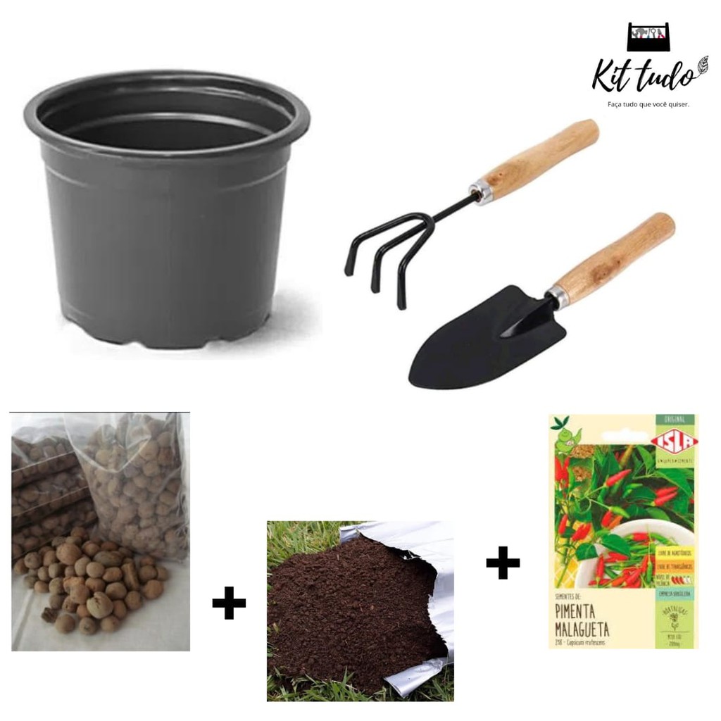 Kit Plantio Mini Pazinha Mini Ancinho Vaso Argila Expandida Terra