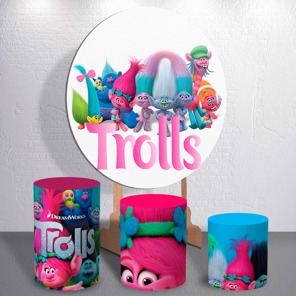 Kit De Festa Painel Redondo Trolls Trio De Cilindros Sublimado 3D