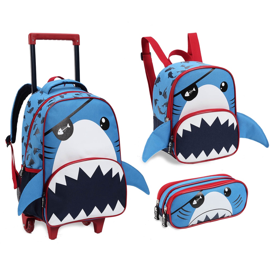 Kit Mochila Infantil Escolar Shark Tubarão Rodinhas Lancheira Estojo