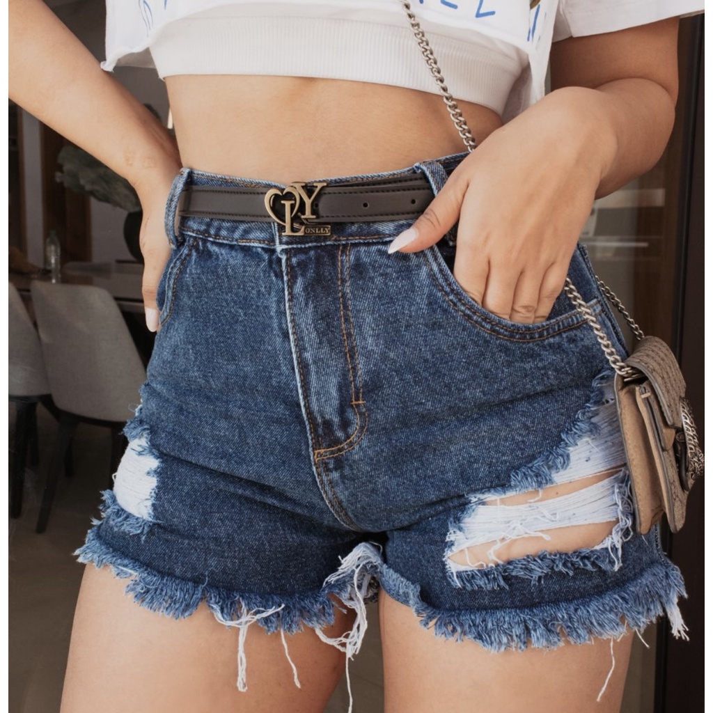 Shorts Jeans Feminino Cintura Alta Hot Pants Destroyed Moda Blogueira